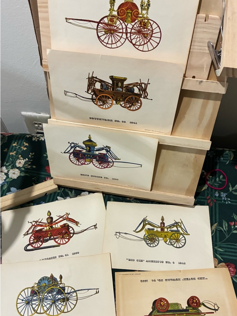 Vintage Fire Wagon Illustration Prints - Colorful Wheel Designs